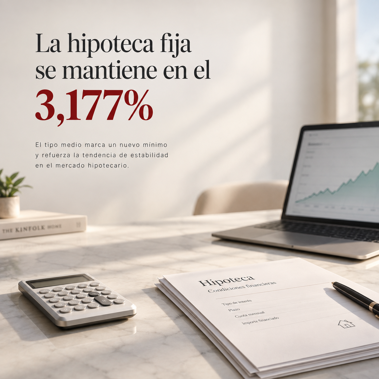 Calculadora y documentos hipotecarios sobre una mesa de mármol, representando el máximo del Euríbor desde septiembre de 2024