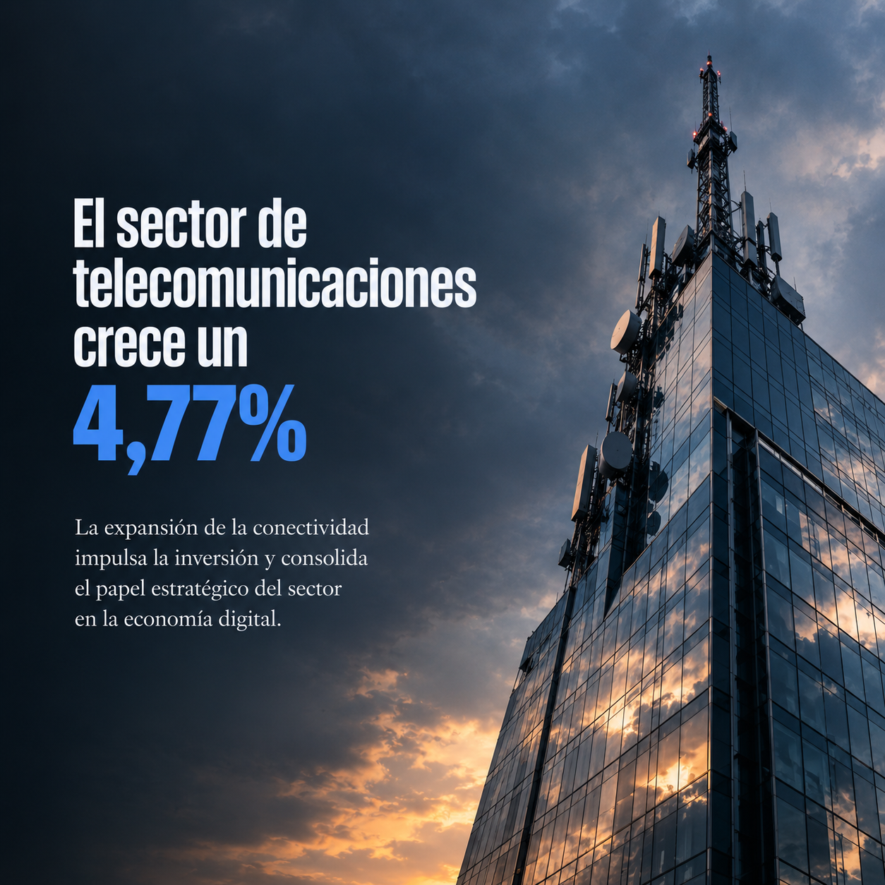 Fachada acristalada de una torre de telecomunicaciones al atardecer, representando la caída bursátil de Telefónica en septiembre de 2026
