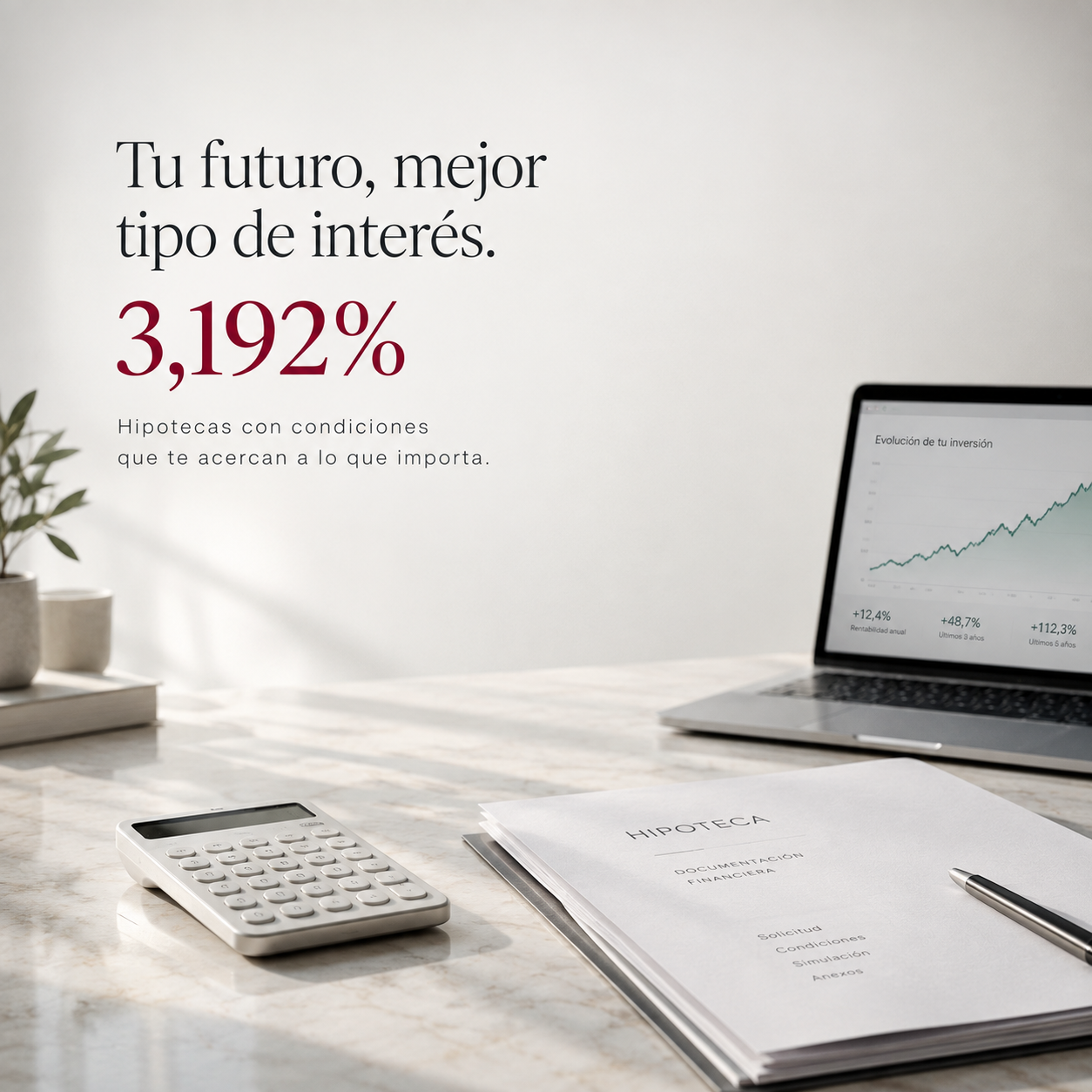 Calculadora y documentos hipotecarios sobre una mesa de mármol, representando el nuevo máximo mensual del Euríbor de septiembre de 2026