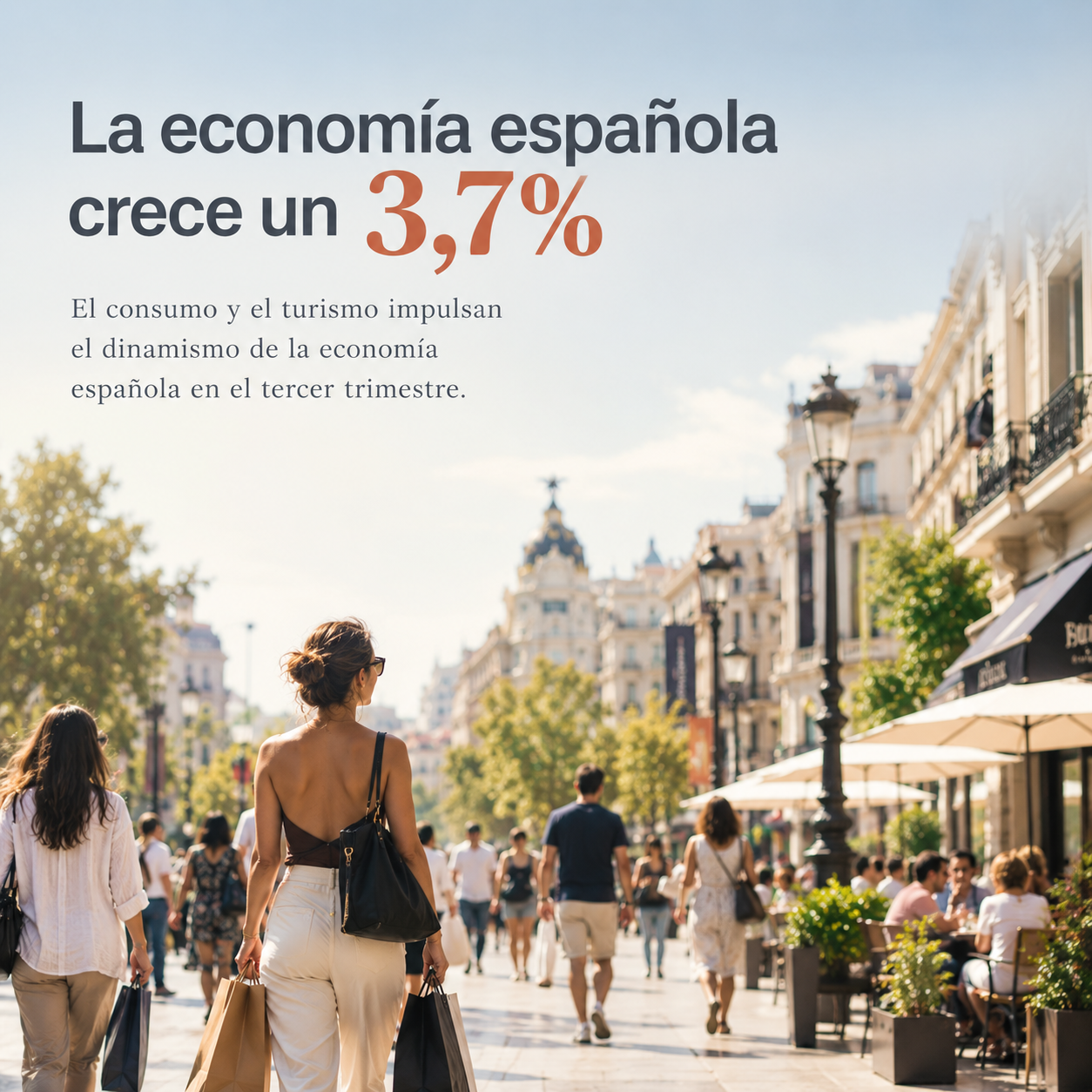 Avenida comercial española concurrida en un día soleado, representando la revisión de crecimiento e inflación de la OCDE para España en septiembre de 2026