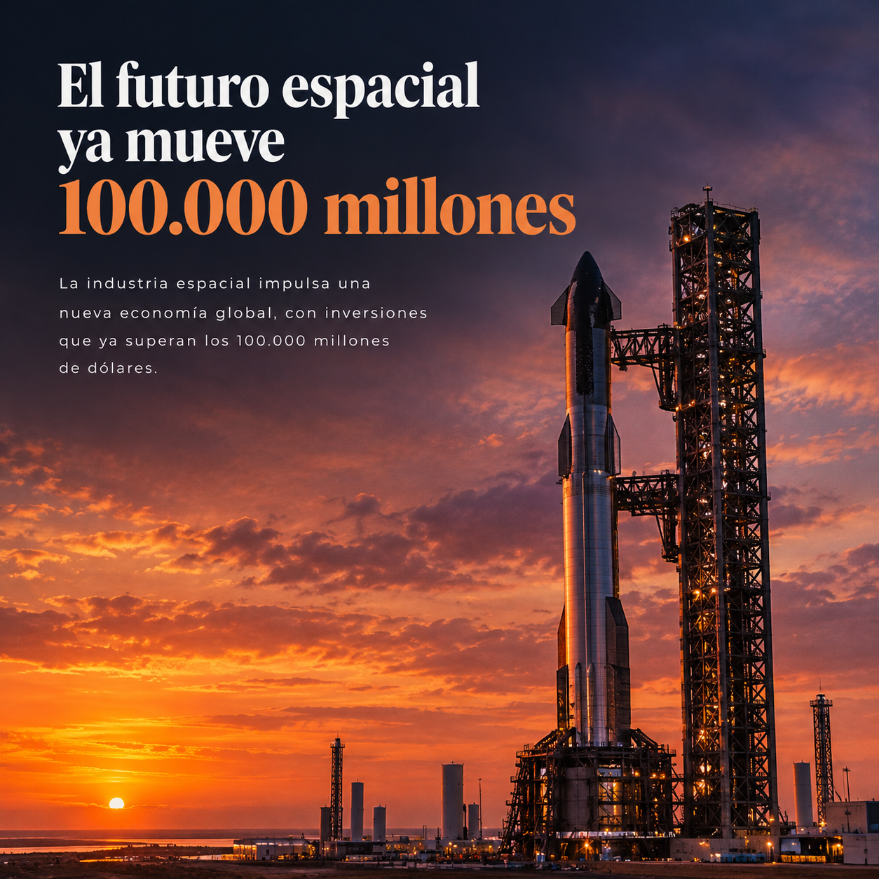 Cohete Starship en la plataforma de lanzamiento al atardecer, representando la revisión al alza del beneficio de SpaceX y su nueva inversión en Luisiana