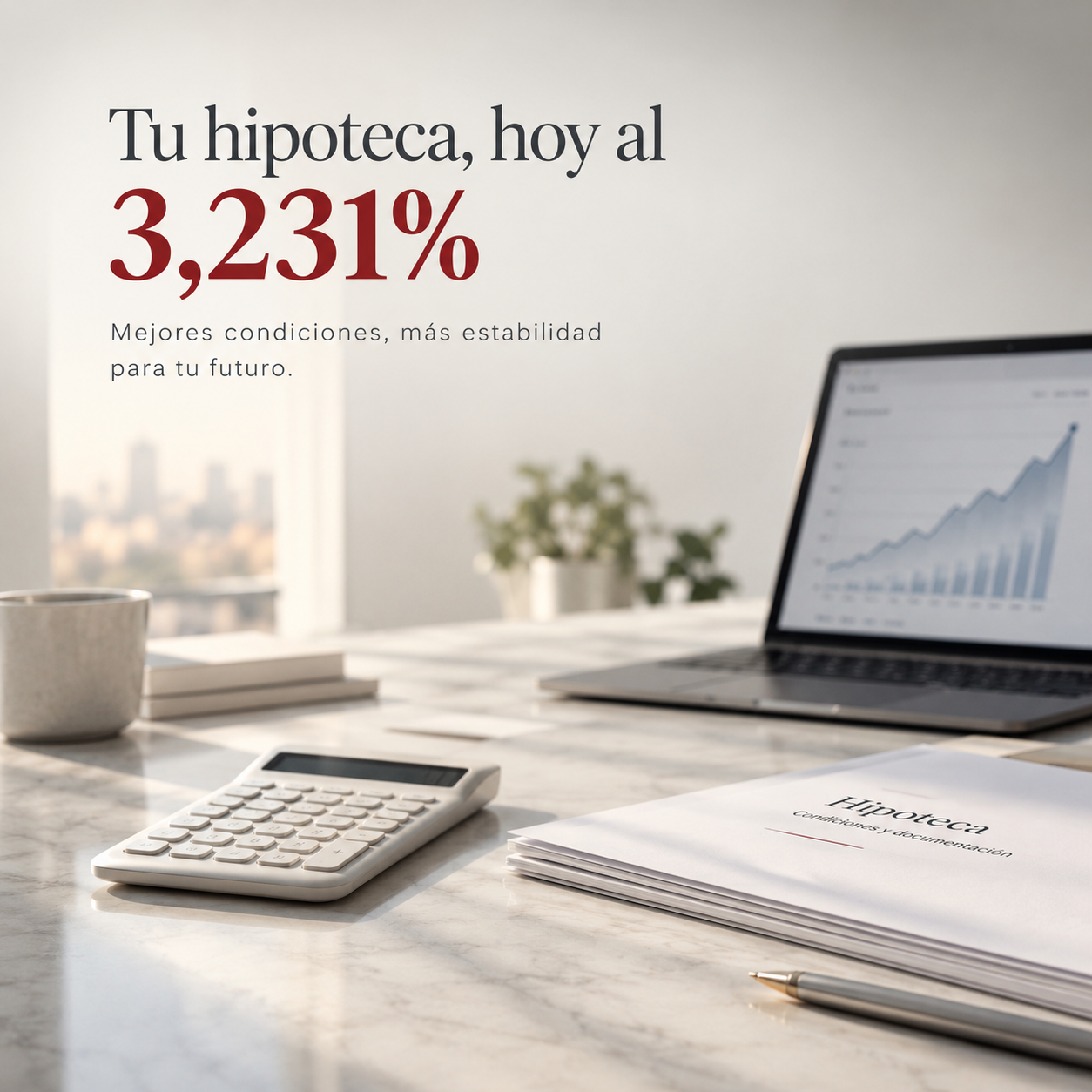 Calculadora y documentos hipotecarios sobre una mesa de mármol, representando el máximo mensual del Euríbor de septiembre de 2026 desde 2024
