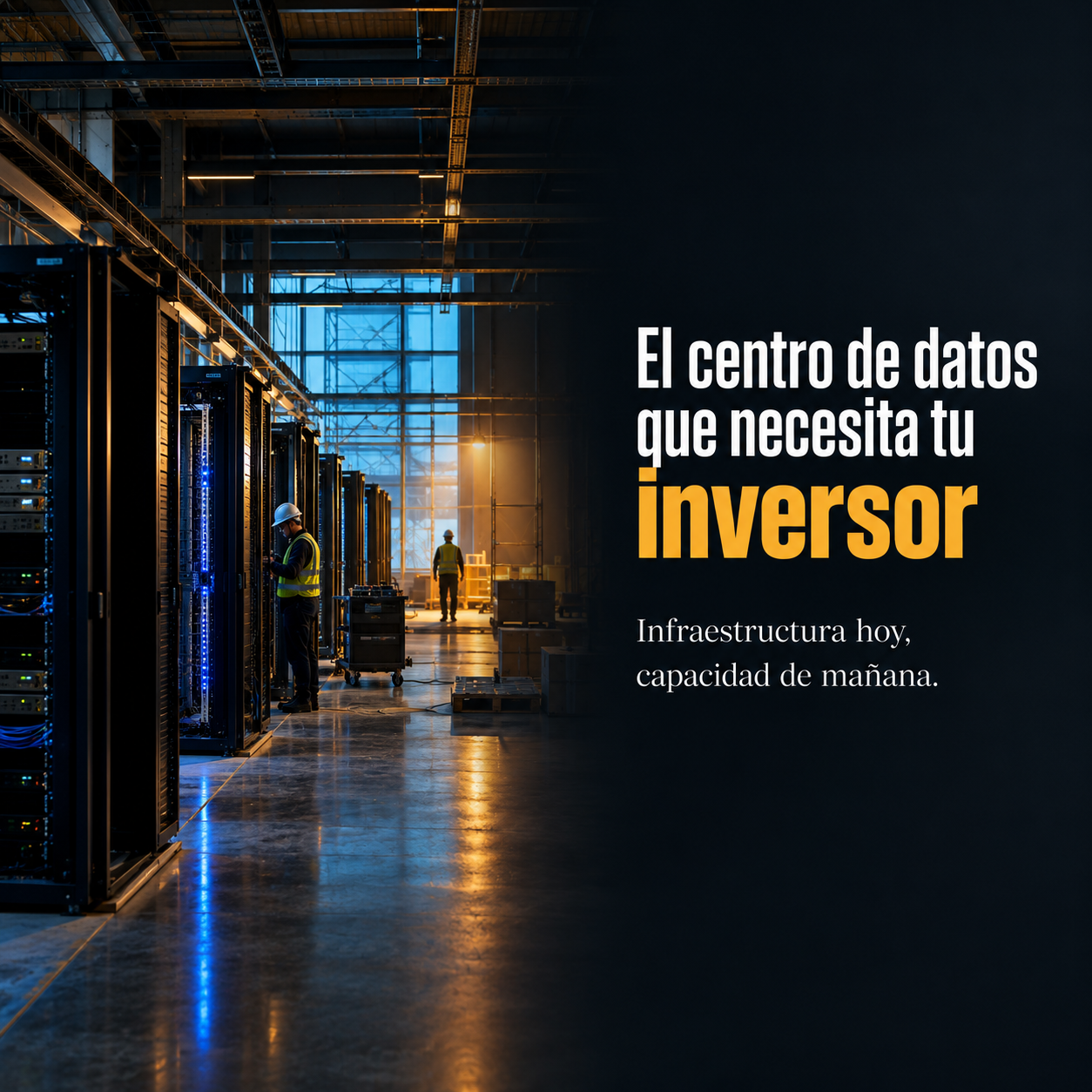 Interior de un centro de datos en construcción con estructuras metálicas iluminadas, representando el ciclo inversor en infraestructura de IA en España en septiembre de 2026