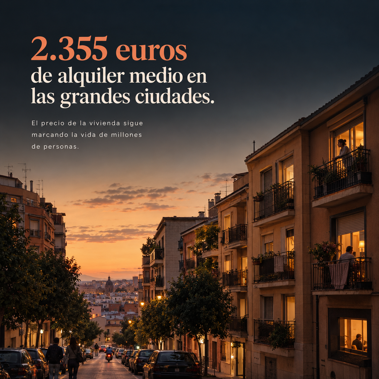 Calle residencial española con edificios de viviendas al atardecer, representando el precio récord de la vivienda en septiembre de 2026