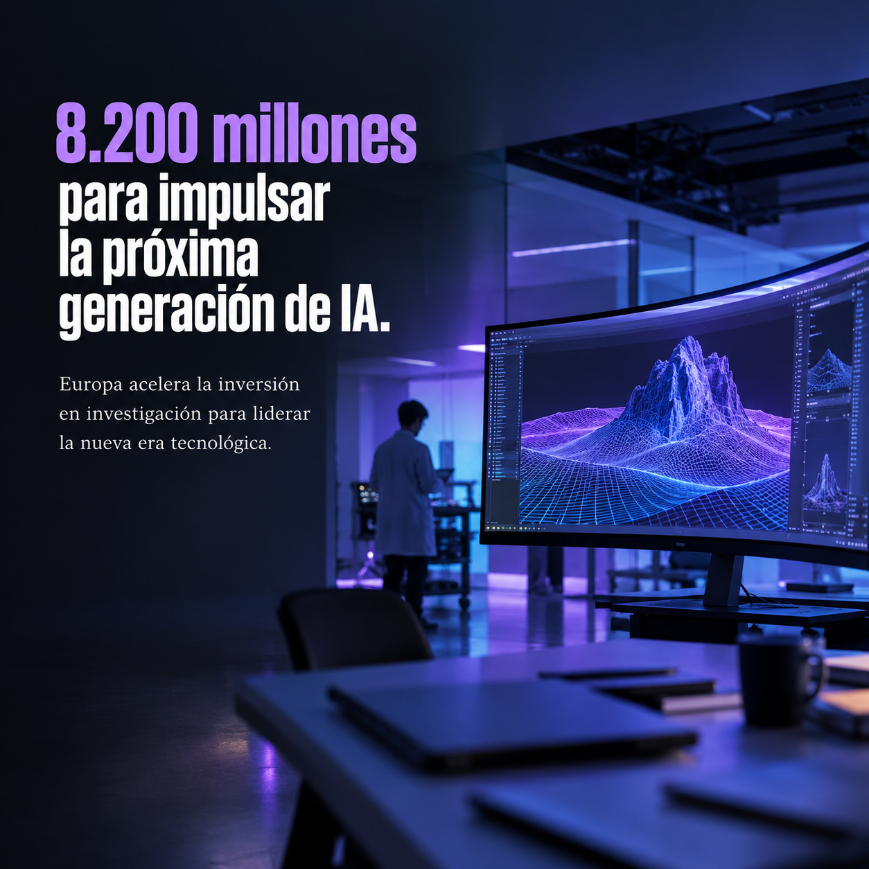 Laboratorio tecnológico con una pantalla mostrando un entorno 3D generado por ordenador, representando la adquisición de World Labs por parte de AMD en septiembre de 2026
