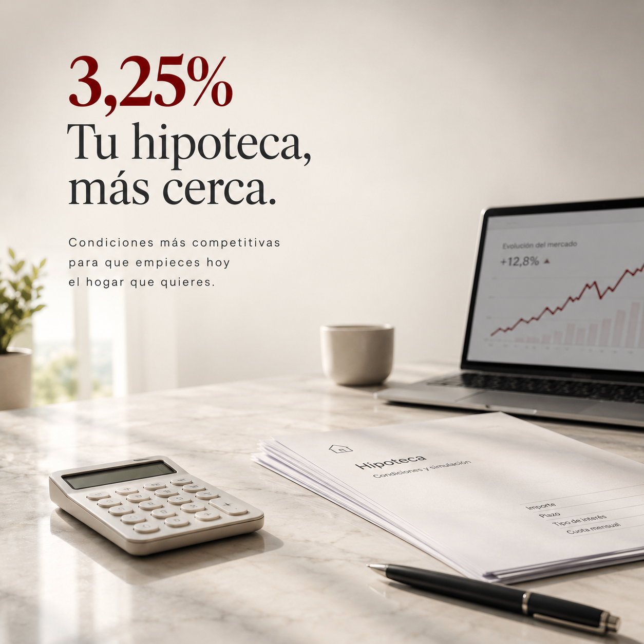 Calculadora y documentos hipotecarios sobre una mesa de mármol, representando el cierre del Euríbor de septiembre de 2026 en máximos desde 2024