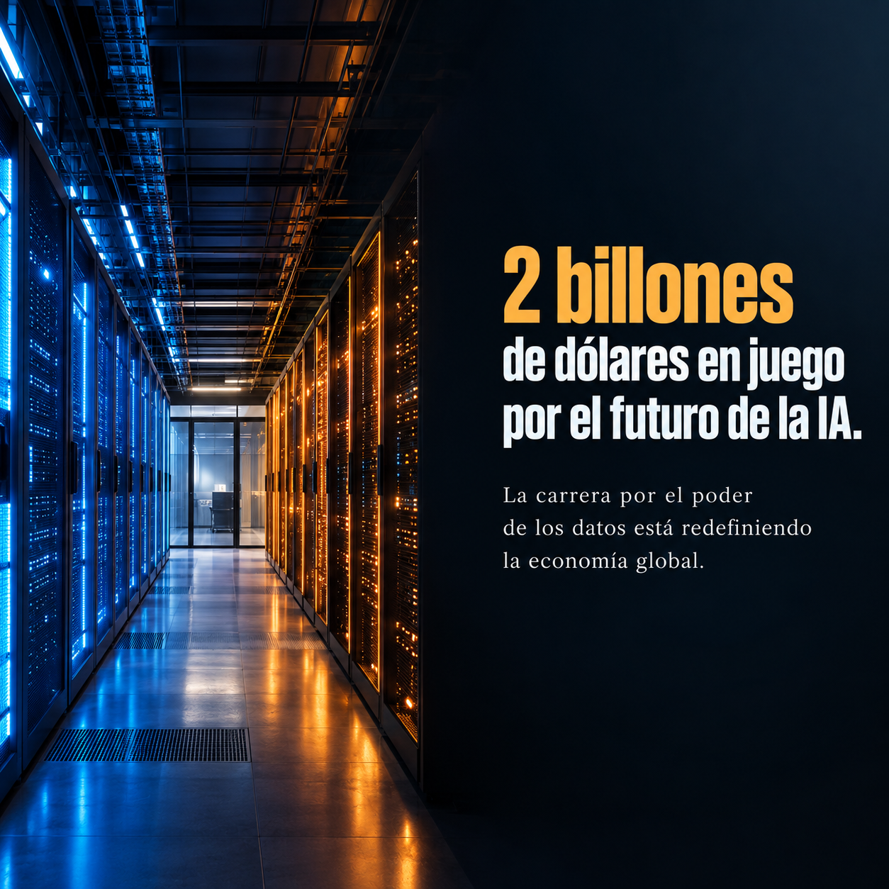 Interior de un centro de datos con dos pasillos de servidores en tonos contrastados, representando la competencia por la valoración entre OpenAI y Anthropic en septiembre de 2026