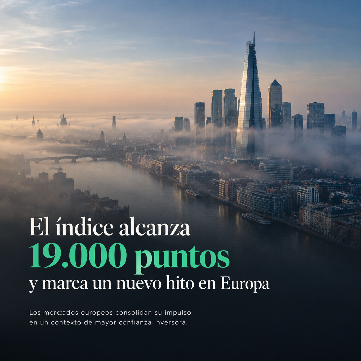 Vista aérea de un distrito financiero europeo entre la bruma matinal, representando el rebote del Ibex 35 el 2 de octubre de 2026