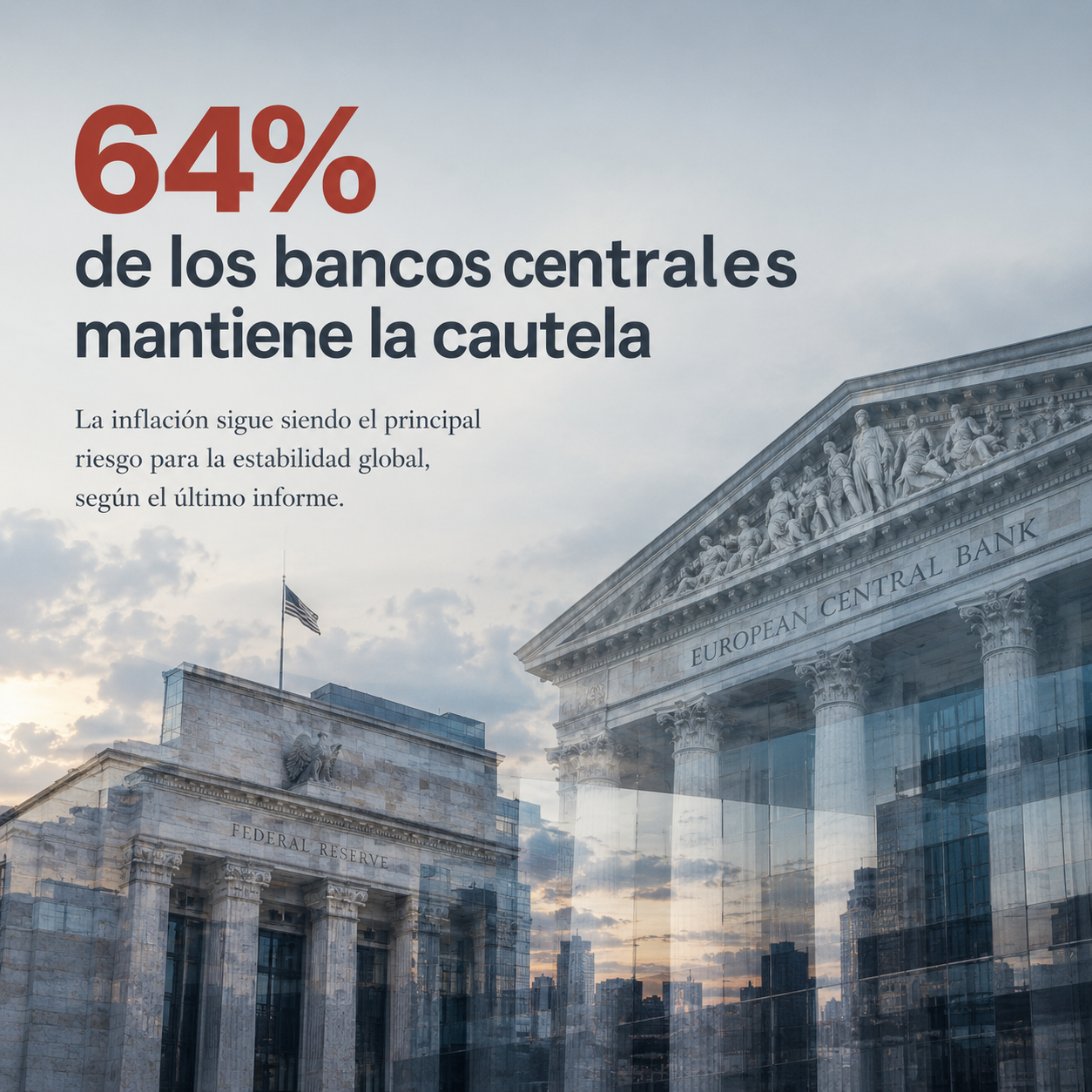 Fachadas de bancos centrales en doble exposición, representando la jornada decisiva de datos de inflación y empleo del 2 de octubre de 2026