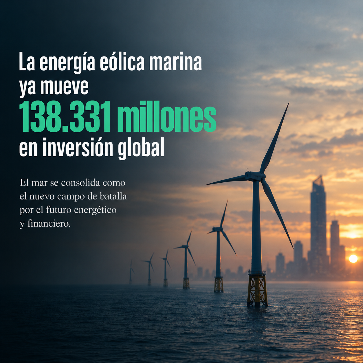 Parque eólico marino al atardecer junto a la silueta de una torre bancaria, representando el adelantamiento de Iberdrola a BBVA en capitalización bursátil