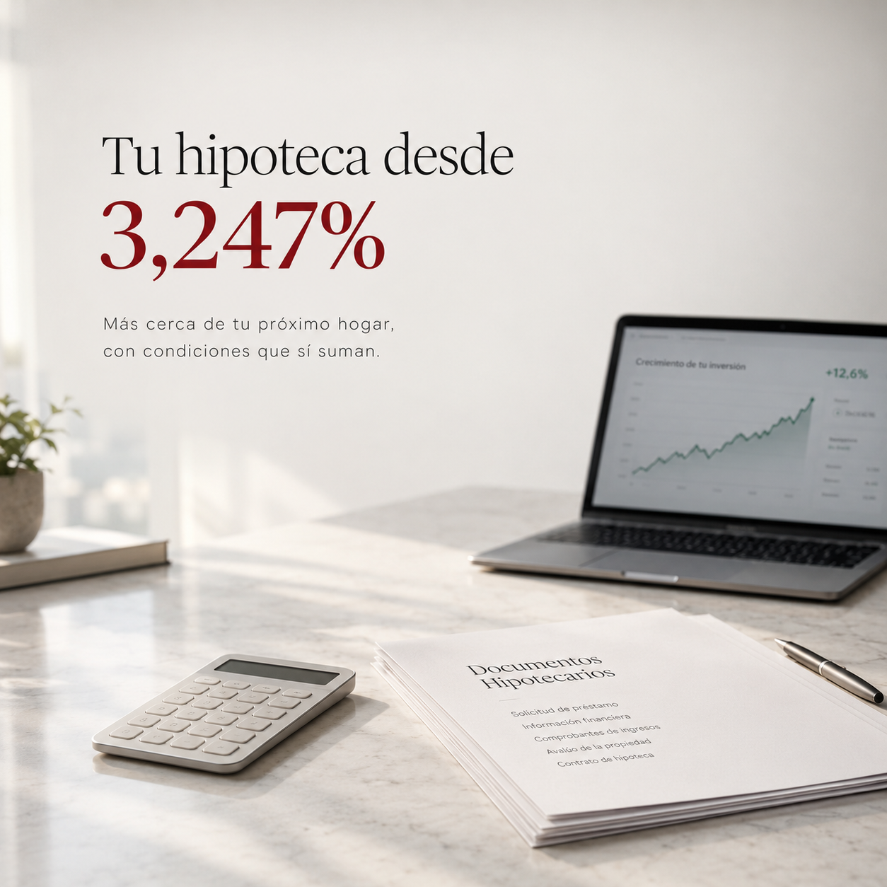 Calculadora y documentos hipotecarios sobre una mesa de mármol, representando el cierre del Euríbor de septiembre de 2026 en máximos desde julio de 2024