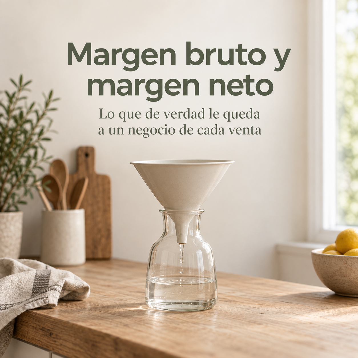 Embudo de cerámica sobre un recipiente de cristal con un poco de agua en el fondo, representando la parte de las ventas que queda como beneficio tras descontar los costes.