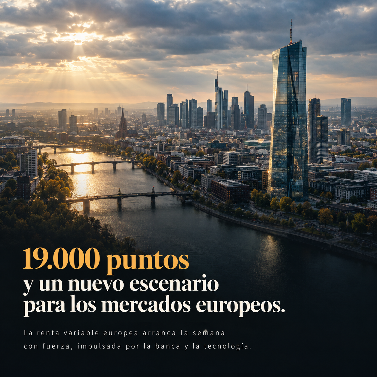 Vista aérea de un distrito financiero europeo bajo un cielo parcialmente nublado, representando la corrección del Ibex 35 a principios de octubre de 2026