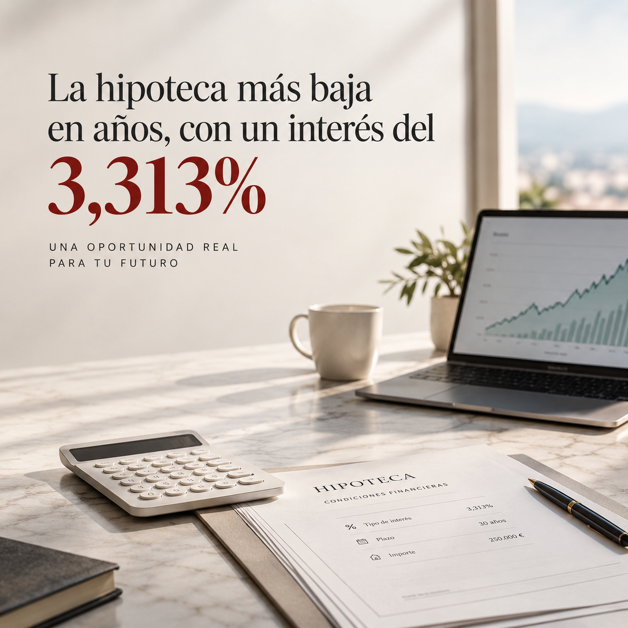 Calculadora y documentos hipotecarios sobre una mesa de mármol, representando la escalada del Euríbor al inicio de octubre de 2026