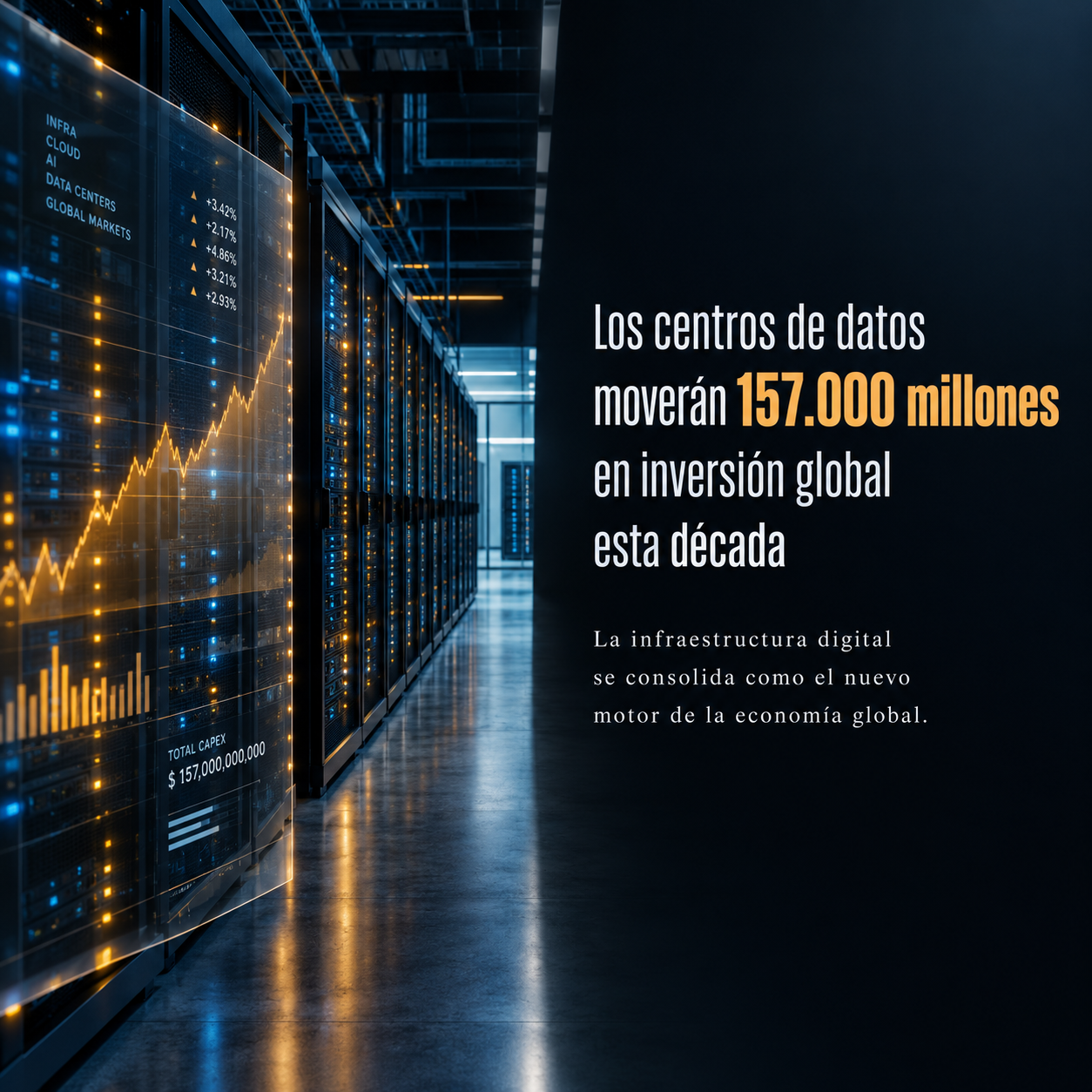 Interior de un centro de datos con un gráfico financiero superpuesto, representando el boom de deuda de las grandes tecnológicas de IA en octubre de 2026