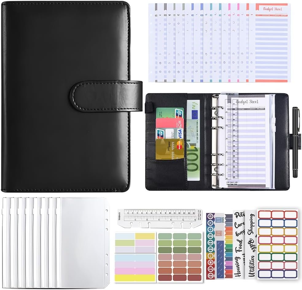Libreta de ahorro A6 con 8 bolsillos transparentes con cremallera Negro