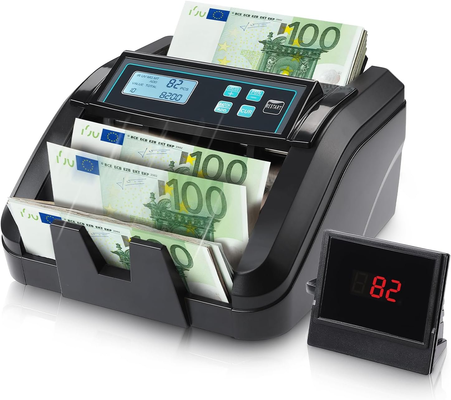 Contadora de Billetes, Detección UV/MG/IR/MT, Solo EUR, 1100 Billetes/min, Contadora de Dinero con Pantalla LCD, 2 años de garantía, No cuenta montos mixtos